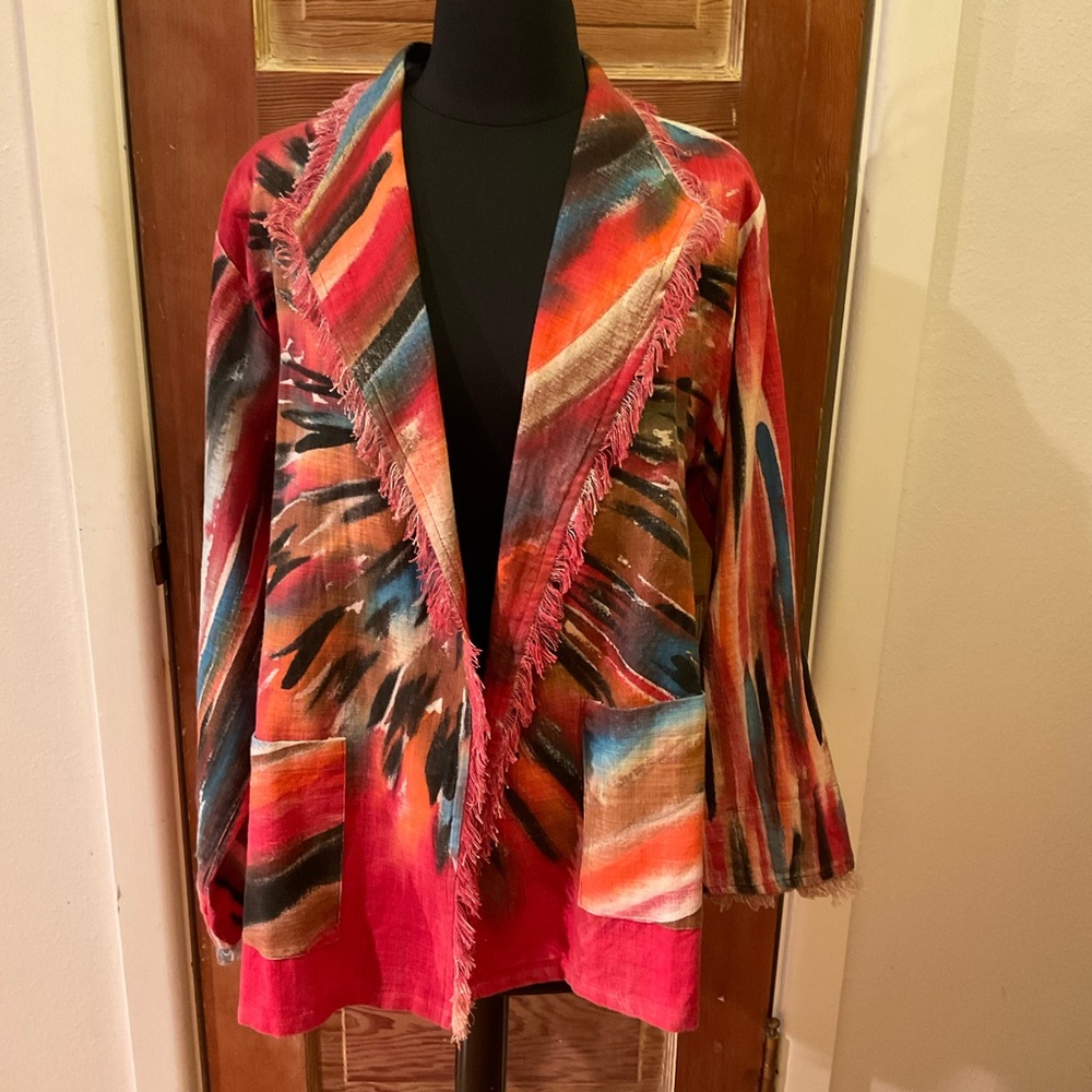 Dilemma organic cotton colorful open front fringe jacket